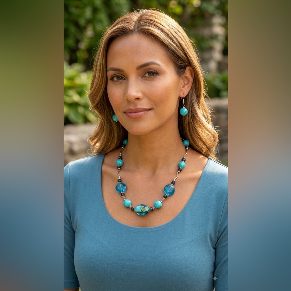 Turquoise blue plastic and silver metal costume necklace and pendant earrings